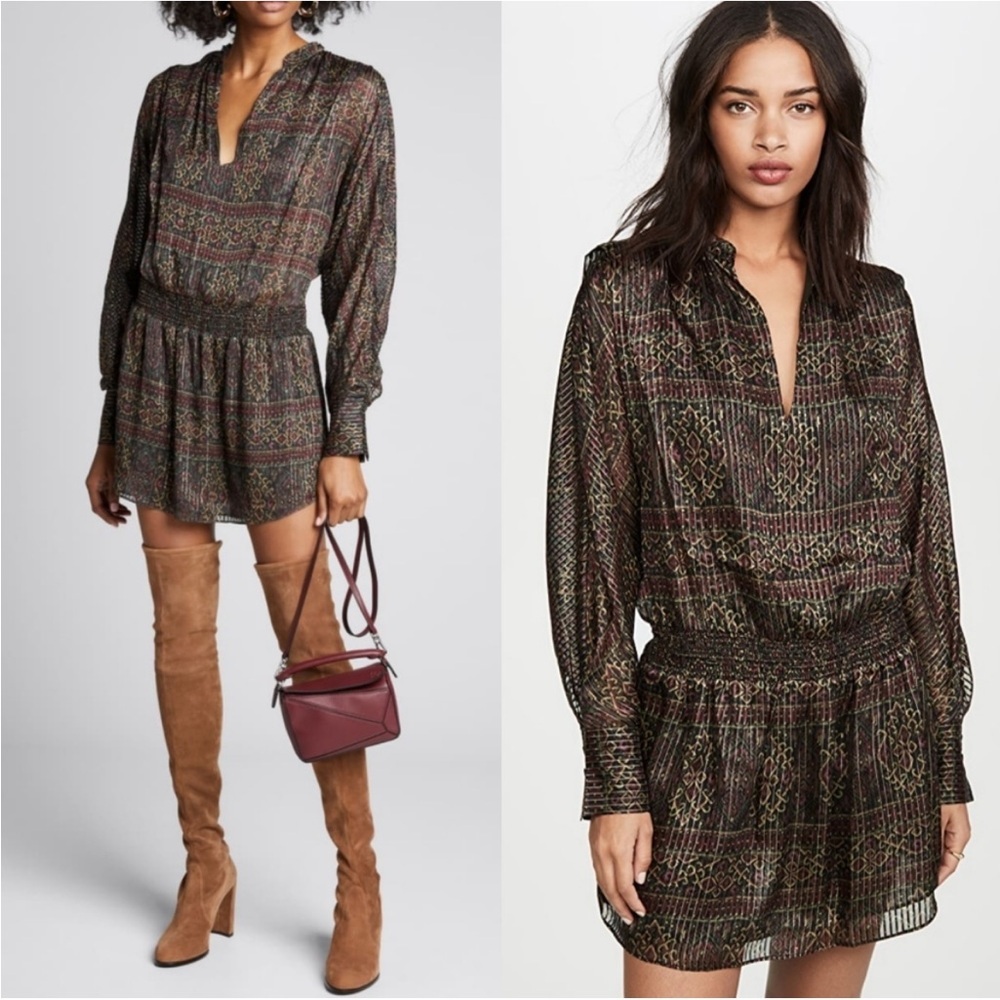 Frame Party Paisley Silk Metallic Long Sleeve Mini Dress Deep Moss Size Large